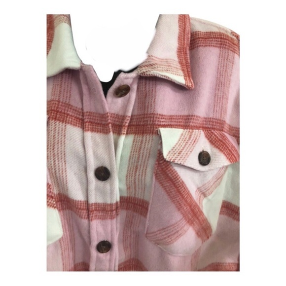 Kensie pink white colorblock plaid fleece flannel look button down shacket Large - Picture 3 of 16